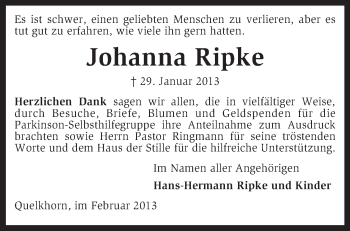 Traueranzeige von Johanna Ripke von KRZ