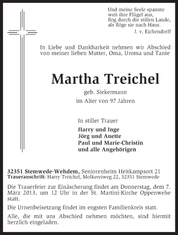 Traueranzeige von Martha Treichel von KRZ