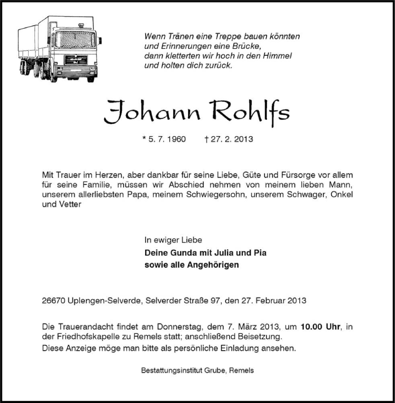  Traueranzeige für Johann Rohlfs vom 04.03.2013 aus KRZ