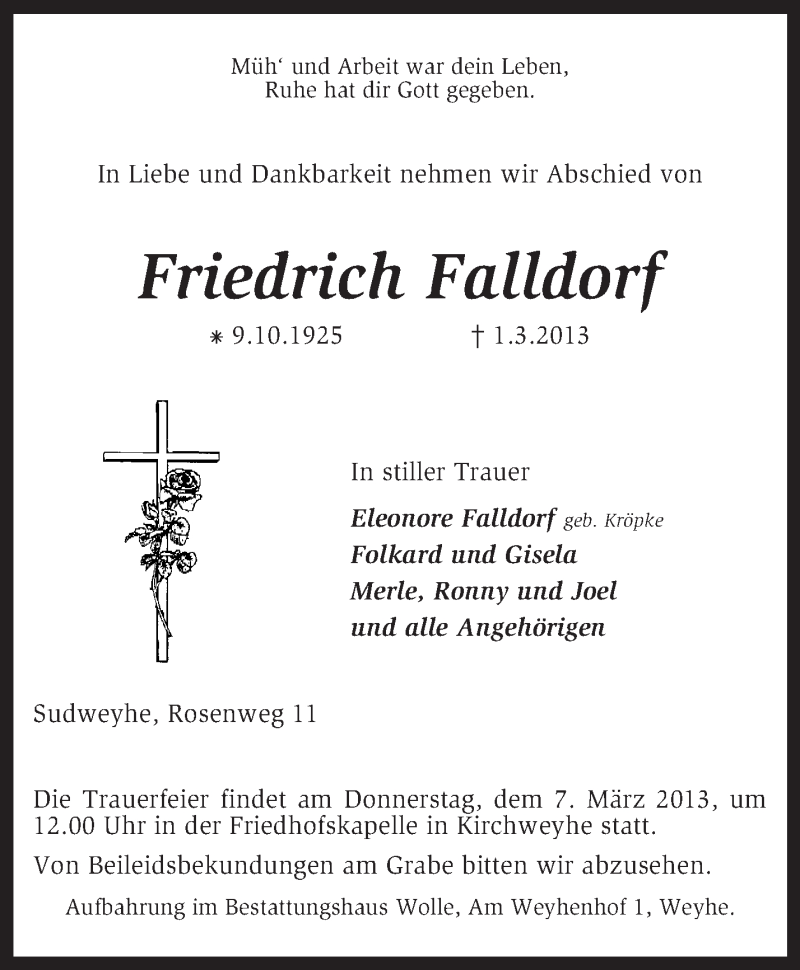  Traueranzeige für Friedrich Falldorf vom 05.03.2013 aus KRZ