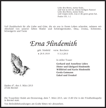 Traueranzeige von Erna Hindemith von KRZ