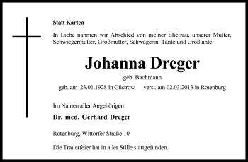 Traueranzeige von Johanna Dreger von KRZ
