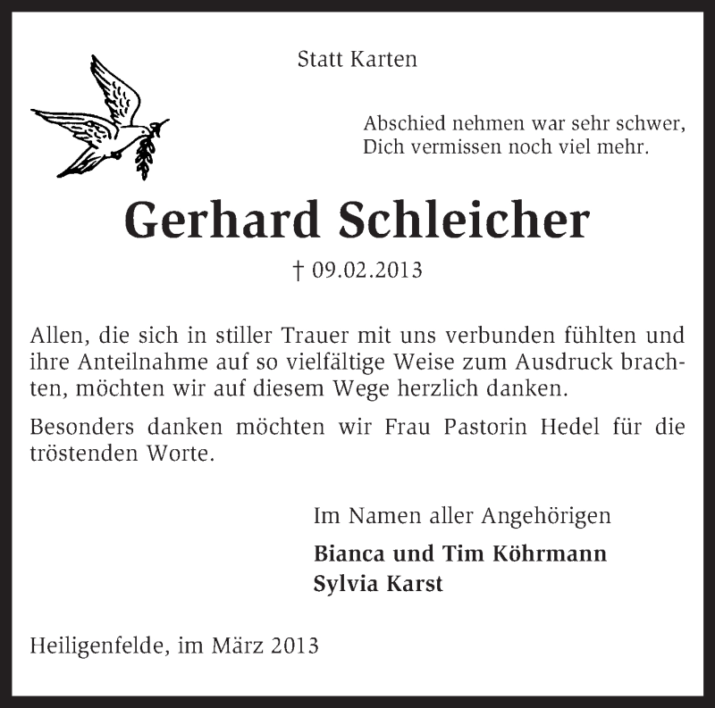  Traueranzeige für Gerhard Schleicher vom 09.03.2013 aus KRZ