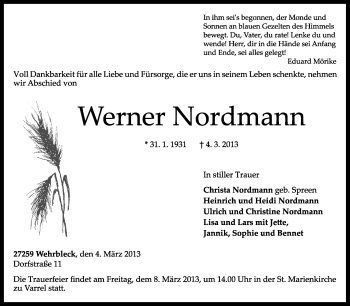 Traueranzeige von Werner Nordmann von KRZ