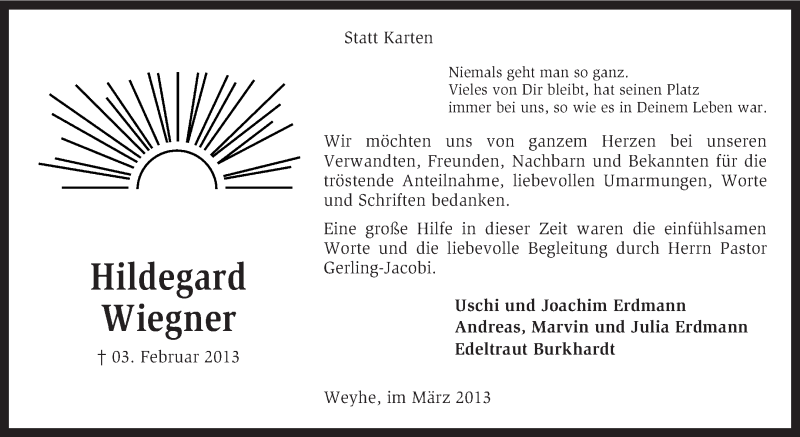  Traueranzeige für Hildegard Wiegner vom 09.03.2013 aus KRZ