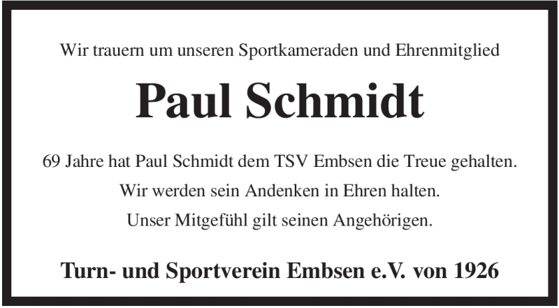  Traueranzeige für Paul Schmidt vom 05.12.2008 aus KREISZEITUNG SYKE