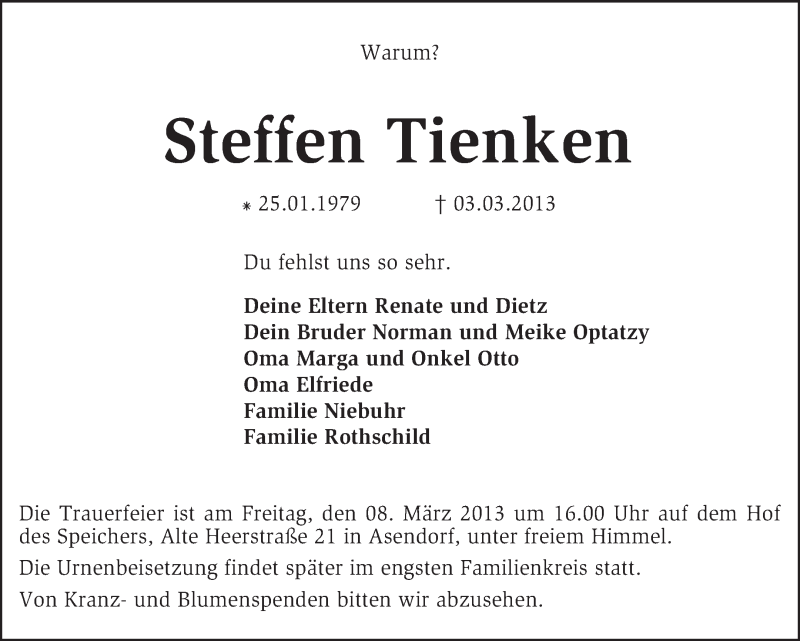  Traueranzeige für Steffen Tienken vom 07.03.2013 aus KRZ