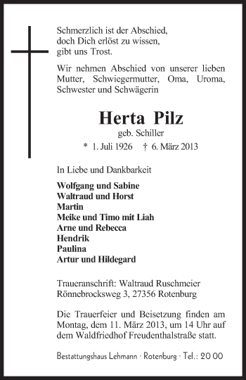 Traueranzeige von Herta Pilz von KRZ