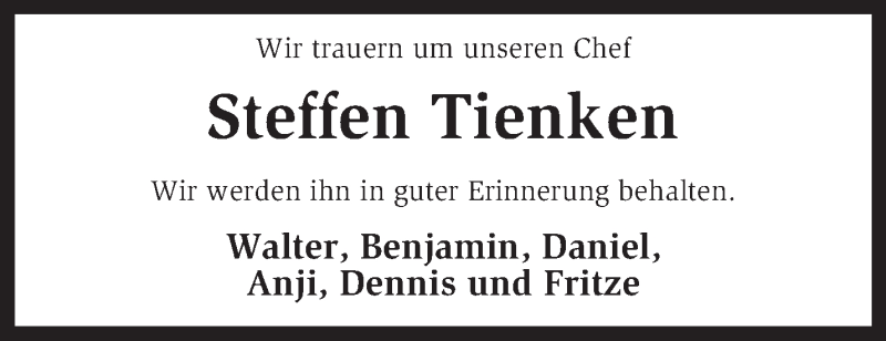  Traueranzeige für Steffen Tienken vom 08.03.2013 aus KRZ