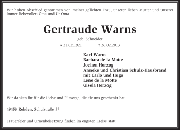 Traueranzeige von Gertraude Warns von KRZ