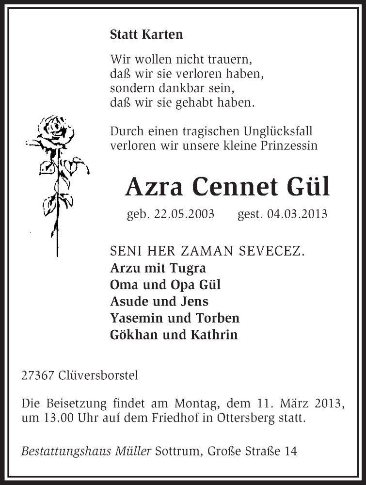  Traueranzeige für Azra Cennet Gül vom 08.03.2013 aus KRZ