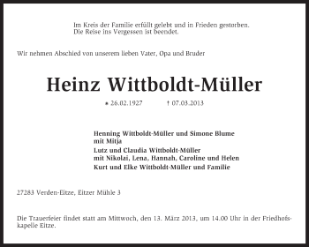 Traueranzeige von Heinz Wittboldt-Müller von KRZ