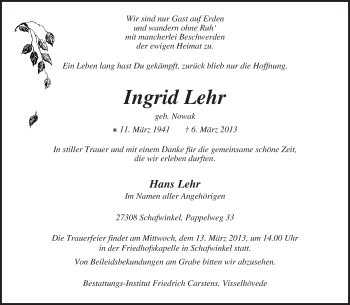 Traueranzeige von Ingrid Lehr von KRZ