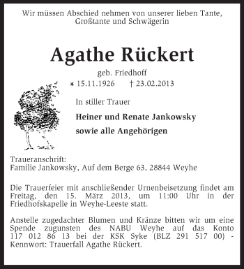 Traueranzeige von Agathe Rückert von KRZ