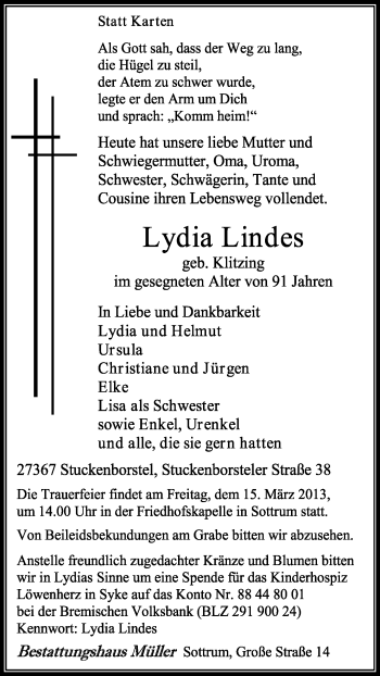 Traueranzeige von Lydia Lindes von KRZ