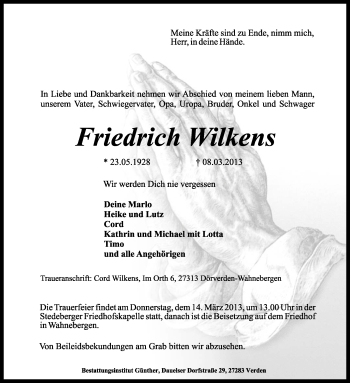 Traueranzeige von Friedrich Wilkens von KRZ