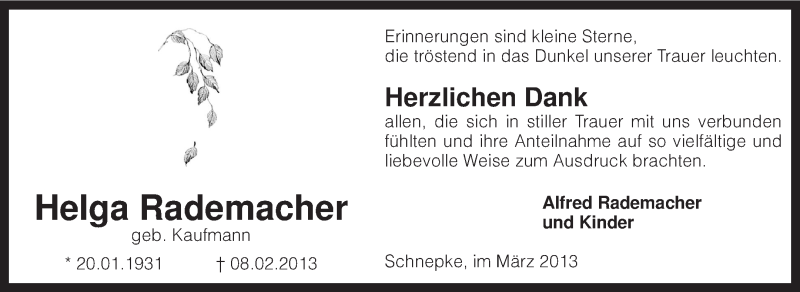  Traueranzeige für Helga Rademacher vom 16.03.2013 aus KRZ