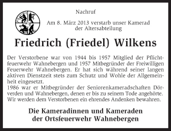 Traueranzeige von Friedrich Wilkens von KRZ