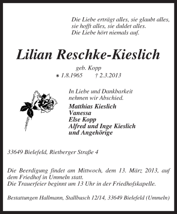 Traueranzeige von Lilian Reschke-Kieslich von KRZ