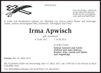 Traueranzeige von Irma Apwisch von KRZ