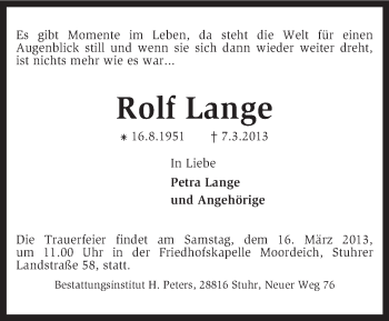 Traueranzeige von Rolf Lange von KRZ