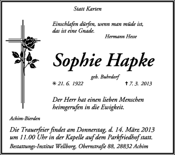 Traueranzeige von Sophie Hapke von KRZ