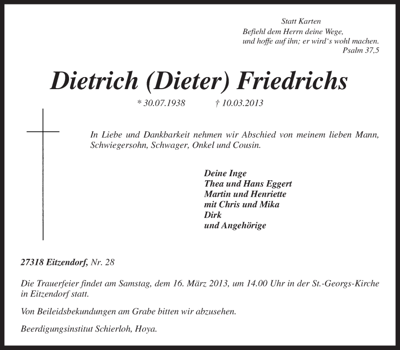  Traueranzeige für Dietrich Friedrichs vom 13.03.2013 aus KRZ