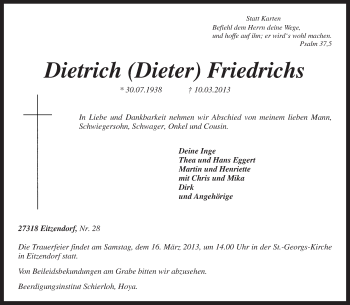 Traueranzeige von Dietrich Friedrichs von KRZ