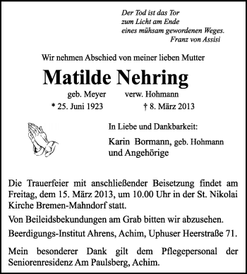 Traueranzeige von Matilde Nehring von KRZ