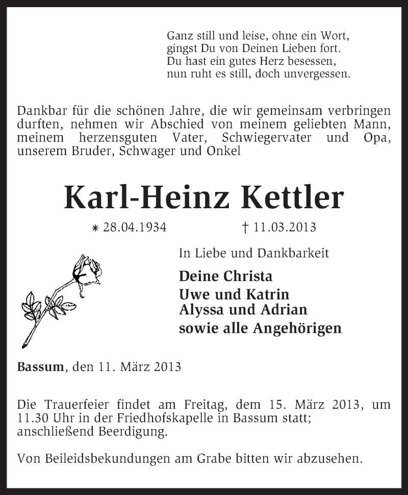 Traueranzeigen Von Karl Heinz Kettler Trauer Kreiszeitung De