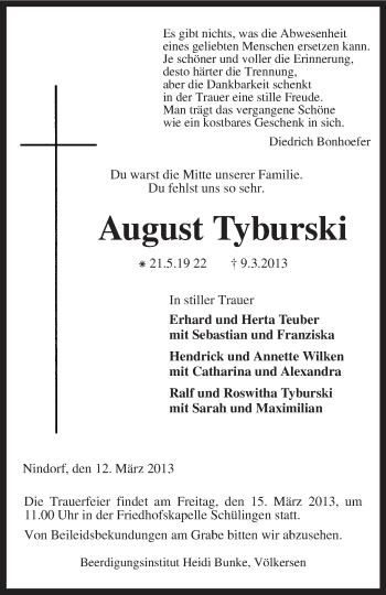 Traueranzeige von August Tyburski von KRZ