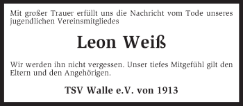 Traueranzeige von Leon Dieter Weiß von KRZ