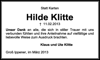 Traueranzeige von Hilde Klitte von KRZ