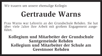 Traueranzeige von Gertraude Warns von KRZ