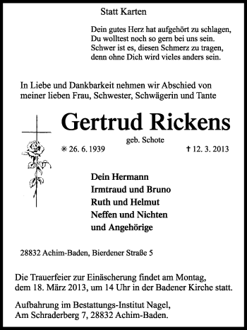 Traueranzeige von Gertrud Rickens von KRZ