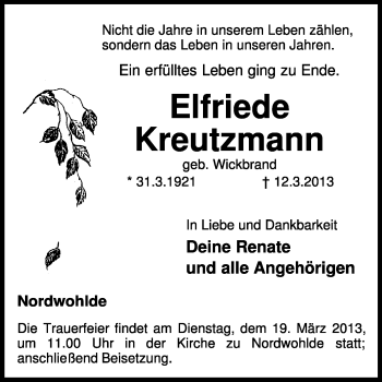 Traueranzeige von Elfriede Kreutzmann von KRZ