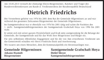 Traueranzeige von Dietrich Friedrichs von KRZ