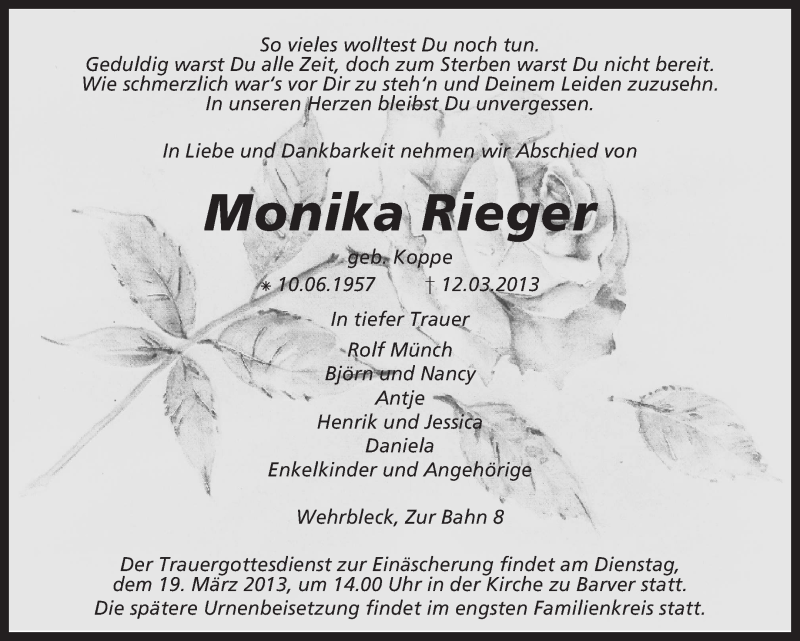  Traueranzeige für Monika Rieger vom 14.03.2013 aus KRZ