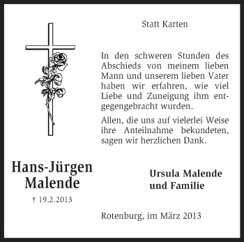 Traueranzeige von Hans-Jürgen Malende von KRZ