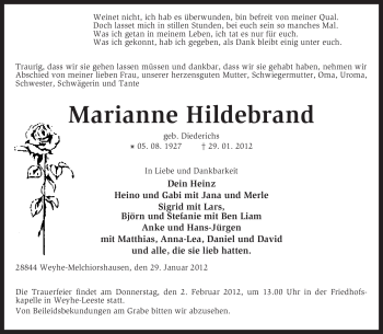 Traueranzeige von Marianne Hildebrand von KREISZEITUNG SYKE