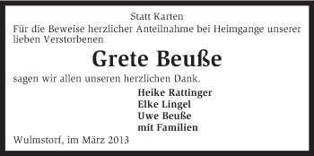 Traueranzeige von Grete Beuße von KRZ