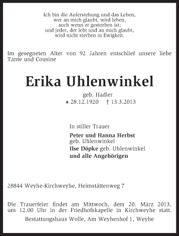 Traueranzeige von Erika Uhlenwinkel von KRZ