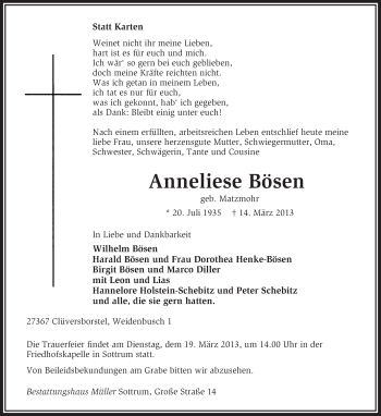 Traueranzeige von Anneliese Bösen von KRZ