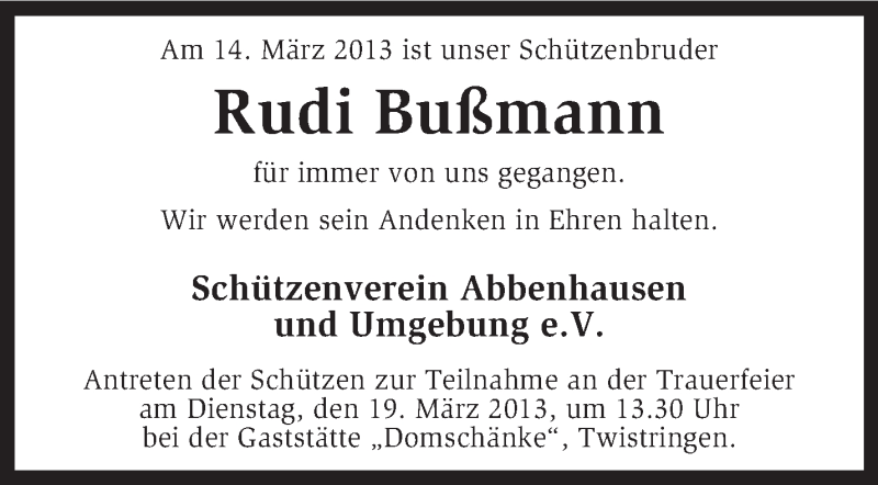  Traueranzeige für Rudi Bußmann vom 16.03.2013 aus KRZ