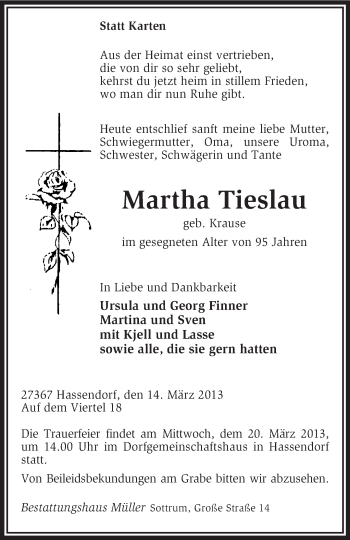 Traueranzeige von Martha Tieslau von KRZ