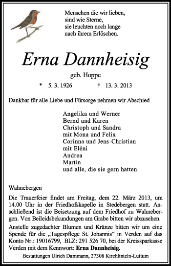 Traueranzeige von Erna Dannheisig von KRZ