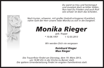 Traueranzeige von Monika Rieger von KRZ