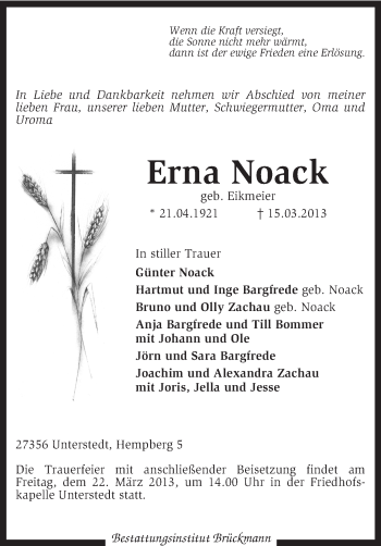 Traueranzeige von Erna Noack von KRZ