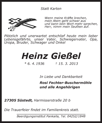 Traueranzeige von Heinz Gießel von KRZ