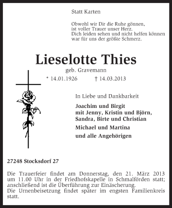 Traueranzeige von Lieselotte Thies von KRZ